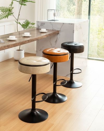 Round Storage Bar Stool Set of 2, Brown Faux Leather Height Adjustable Barstool, 360������Counter Height Swivel Stool Round Storage Bar Stool Set of 2, Brown Faux Leather Height Adjustable Barstool, 360������Counter Height Swivel Stool